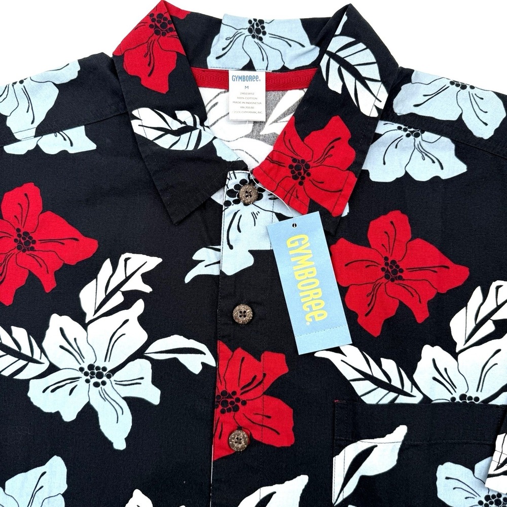 Gymboree Shirt Mens M Black Red Hibiscus Floral Tropical Hawaiian Button Down